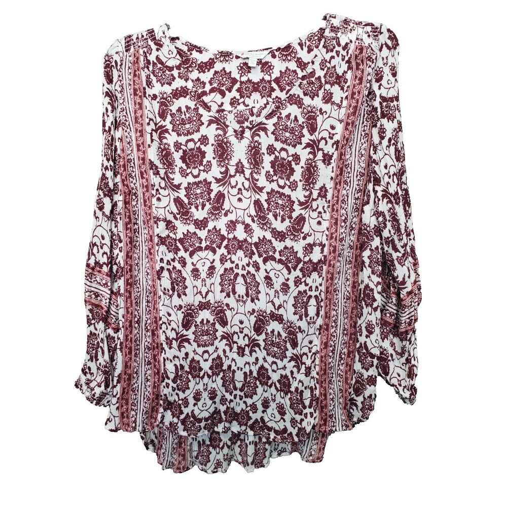 Lucky Brand Crinkle Border Print Smocked Cuff Peasant Top 2X Boho